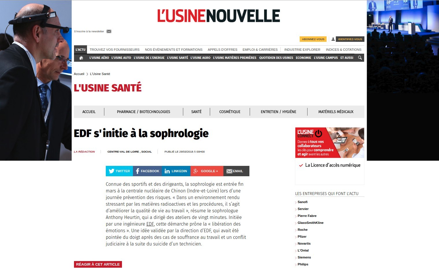 Article Usine nouvelle EDF sophrologie stress souffrance travail suicide prevention risque Anthony Heurtin sophrologue